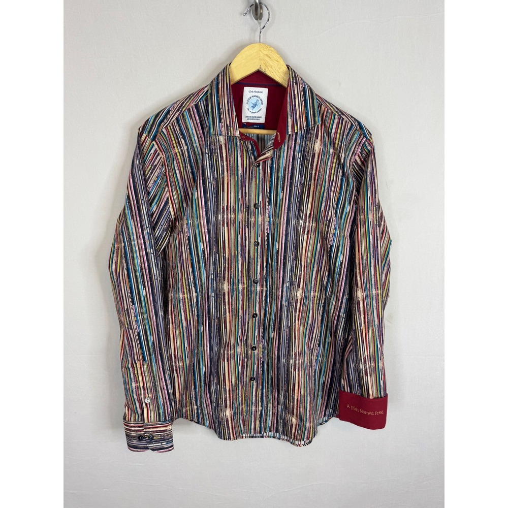 A Fish Named Fred Mens Vinyl Record Spine Print Button Down Shirt Multi Color M